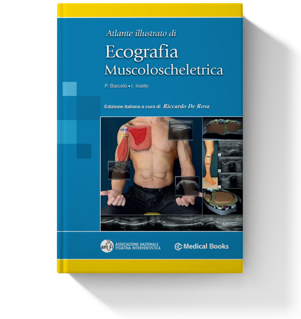 Copertina dell'Atlante illustrato di Ecografia Muscoloscheletrica, P. Barceló e I. Iriarte, edizione italiana a cura di Riccardo De Rosa
